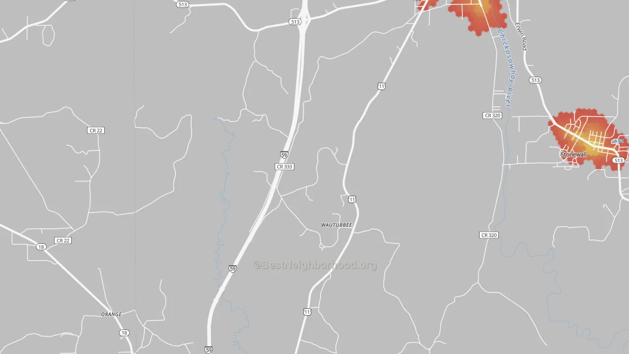 Walk Grade map of Wautubbee, MS, walkable areas in green and car-dependent areas in red