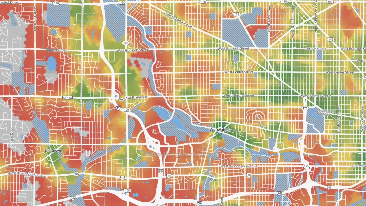 Walk Grade map of Wauwatosa, WI, walkable areas in green and car-dependent areas in red