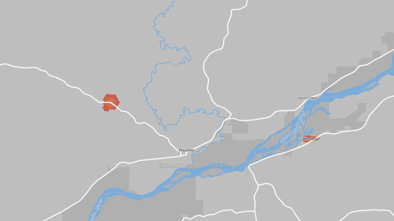 Walk Grade map of Wauzeka, WI, walkable areas in green and car-dependent areas in red