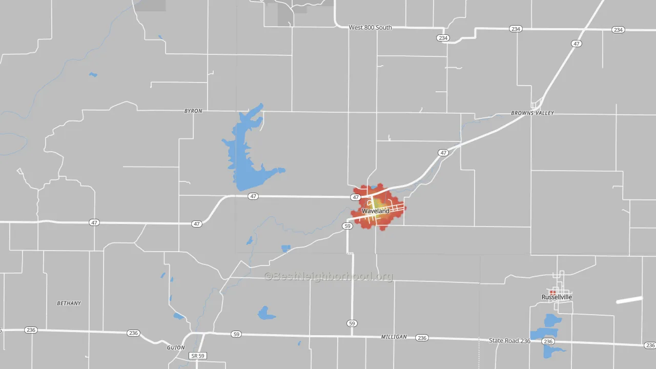 Walk Grade map of Waveland, IN, walkable areas in green and car-dependent areas in red