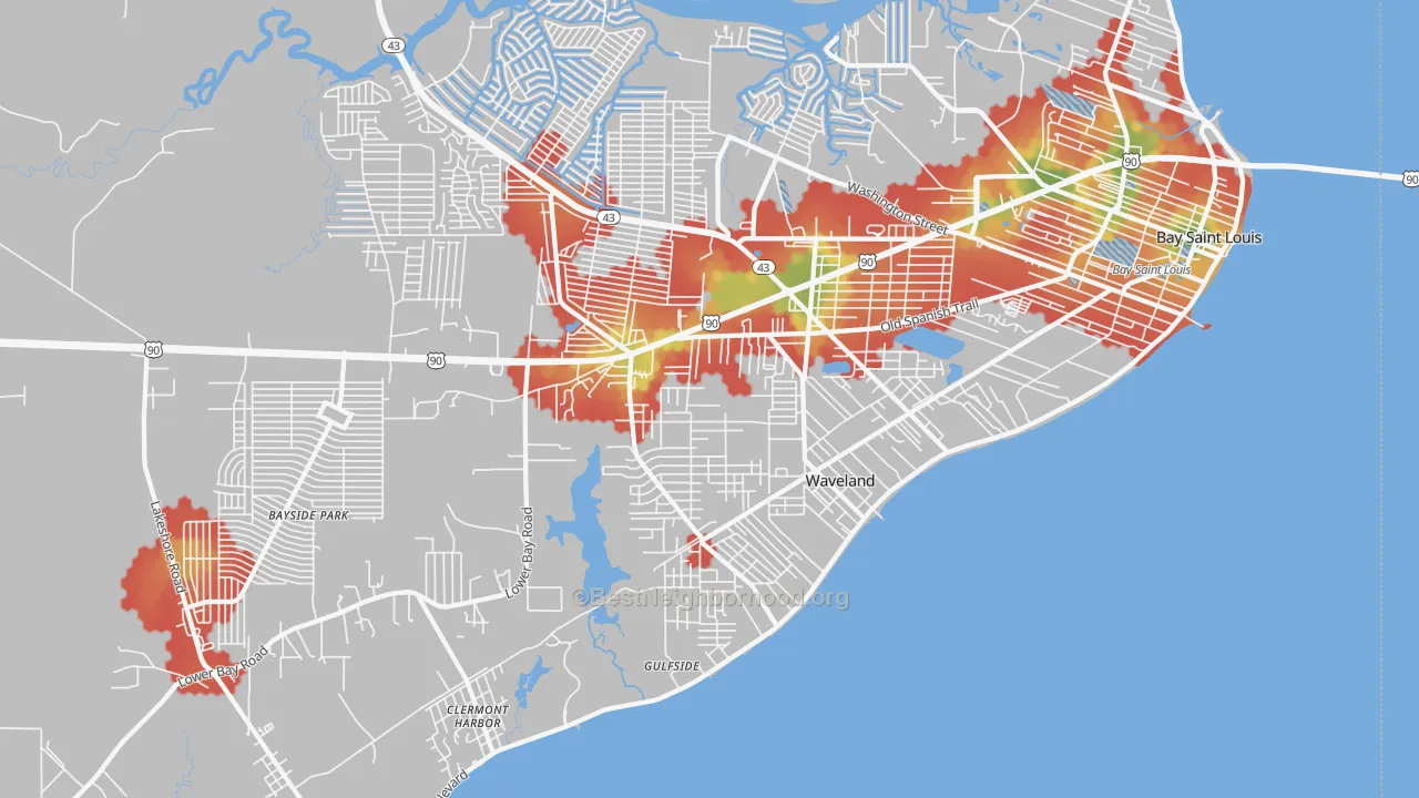 Walk Grade map of Waveland, MS, walkable areas in green and car-dependent areas in red
