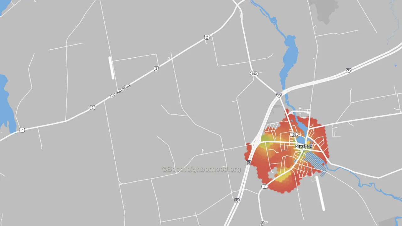 Walk Grade map of Waverley, ME, walkable areas in green and car-dependent areas in red