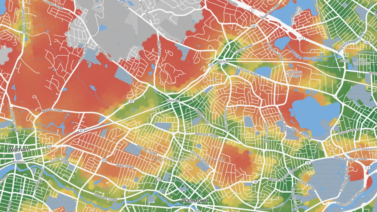 Walk Grade map of Waverley Square, Belmont, MA, walkable areas in green and car-dependent areas in red