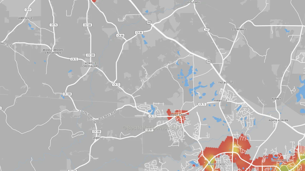 Walk Grade map of Waverly, AL, walkable areas in green and car-dependent areas in red
