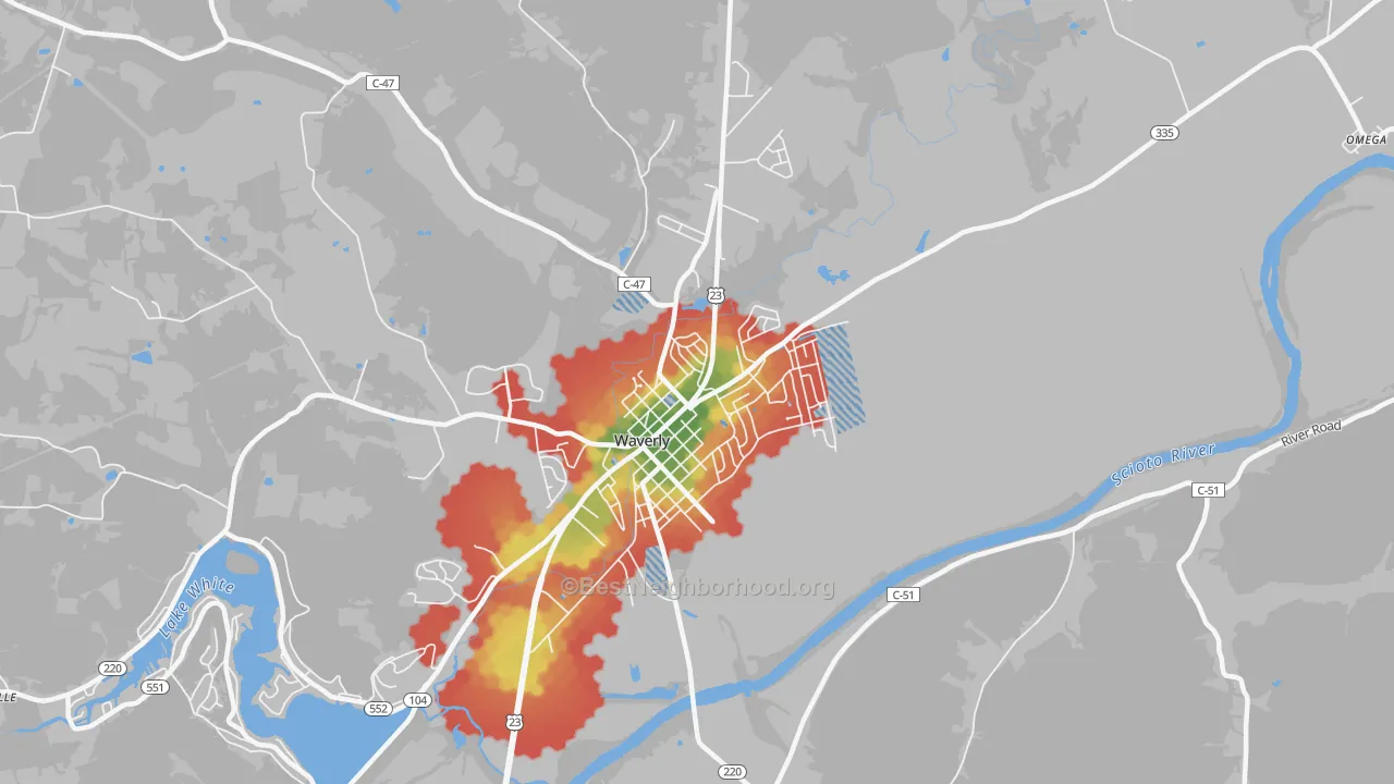 Walk Grade map of Waverly City, OH, walkable areas in green and car-dependent areas in red