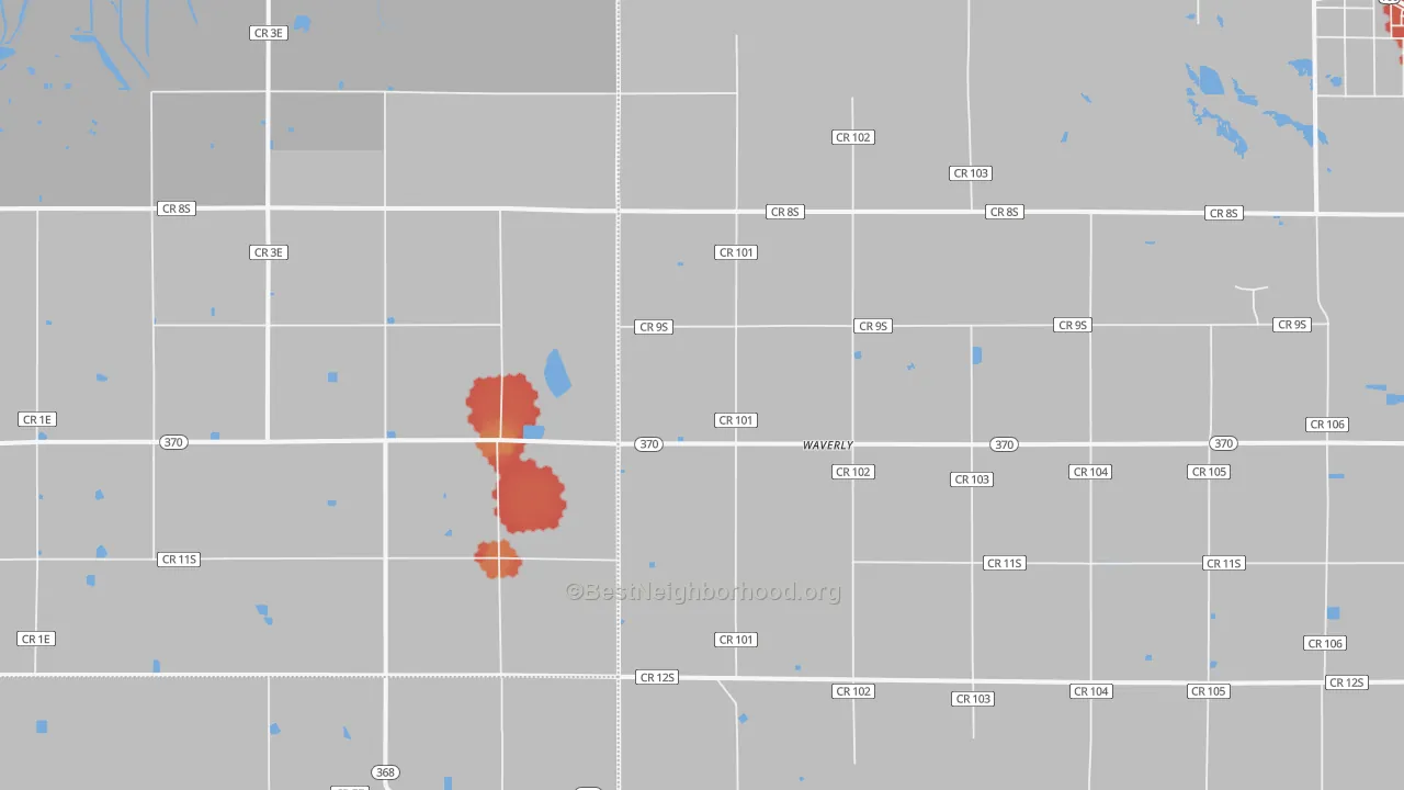 Walk Grade map of Waverly, CO, walkable areas in green and car-dependent areas in red