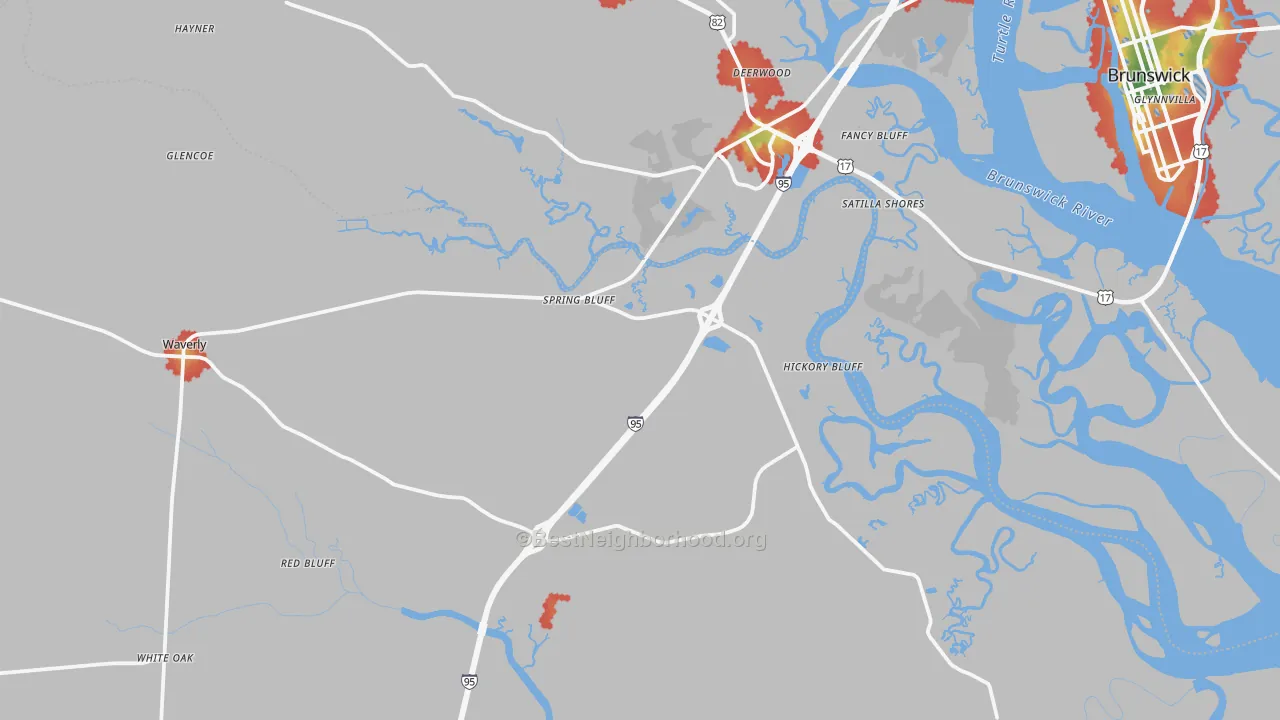 Walk Grade map of Waverly, GA, walkable areas in green and car-dependent areas in red