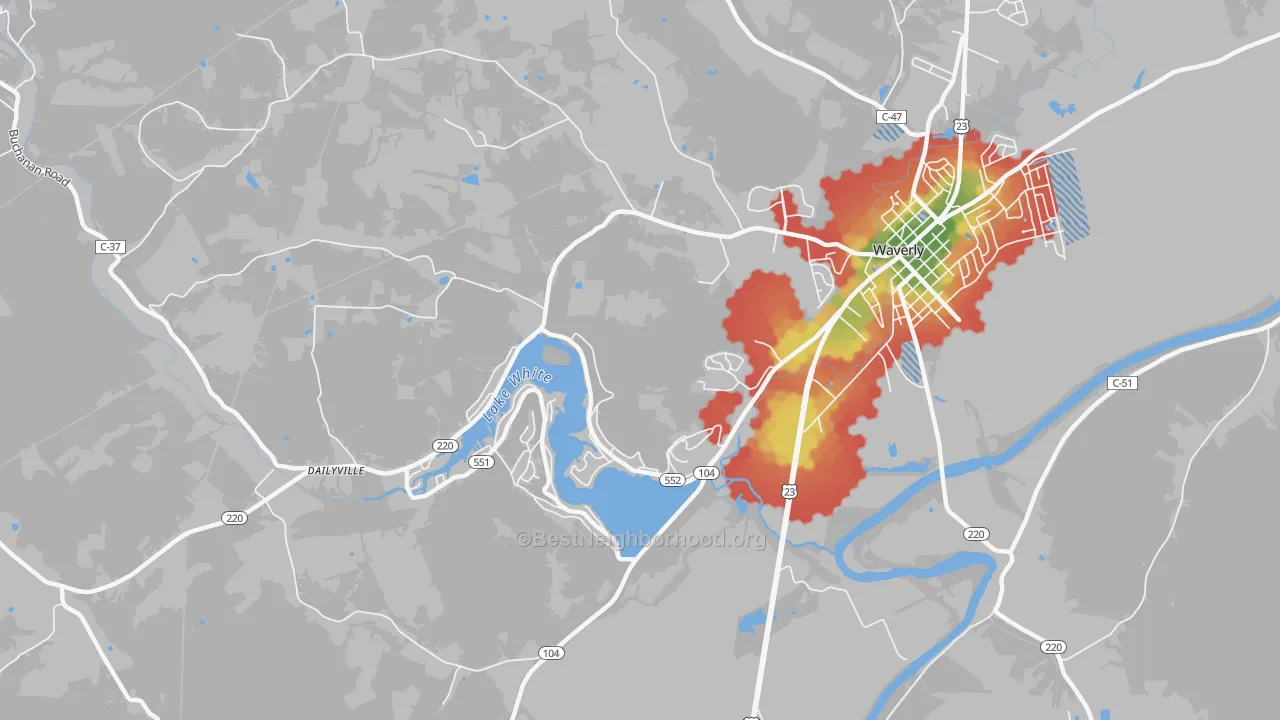 Walk Grade map of Waverly Gables, OH, walkable areas in green and car-dependent areas in red