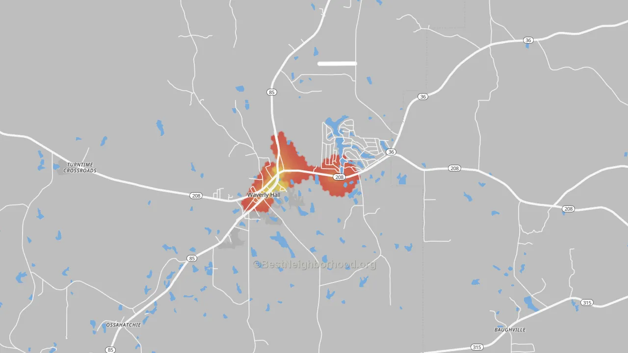 Walk Grade map of Waverly Hall, GA, walkable areas in green and car-dependent areas in red