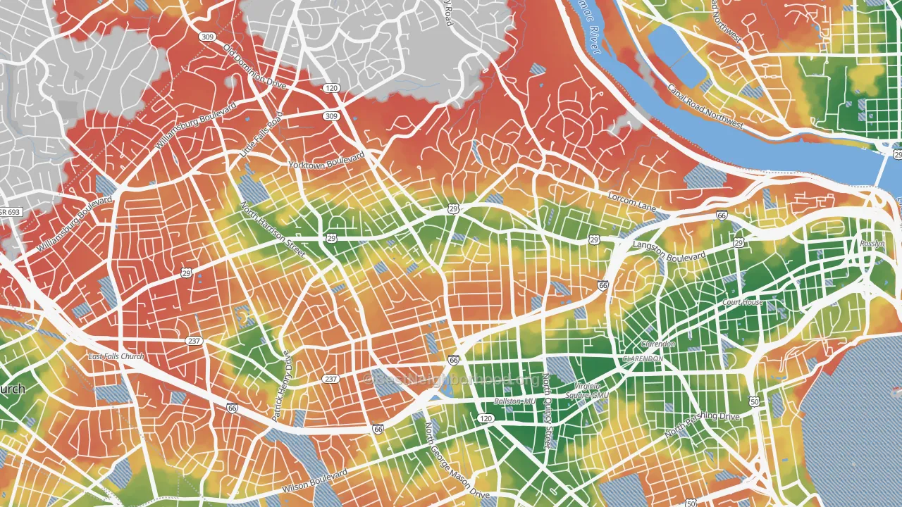 Walk Grade map of Waverly Hills, Arlington, VA, walkable areas in green and car-dependent areas in red