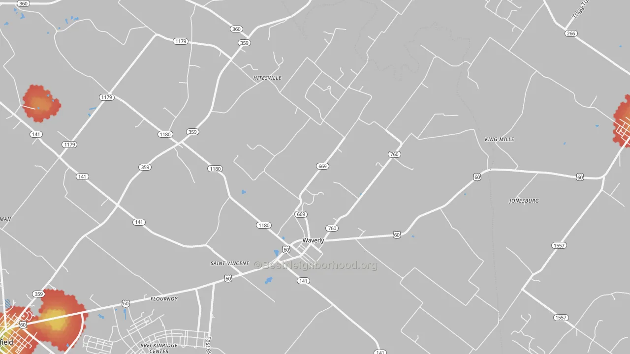 Walk Grade map of Waverly, KY, walkable areas in green and car-dependent areas in red
