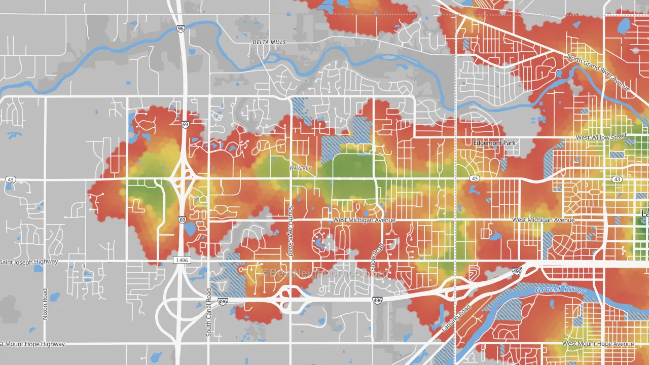 Walk Grade map of Waverly, MI, walkable areas in green and car-dependent areas in red