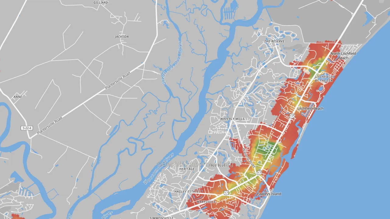 Walk Grade map of Waverly Mills, SC, walkable areas in green and car-dependent areas in red
