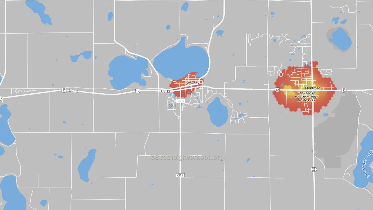 Walk Grade map of Waverly, MN, walkable areas in green and car-dependent areas in red