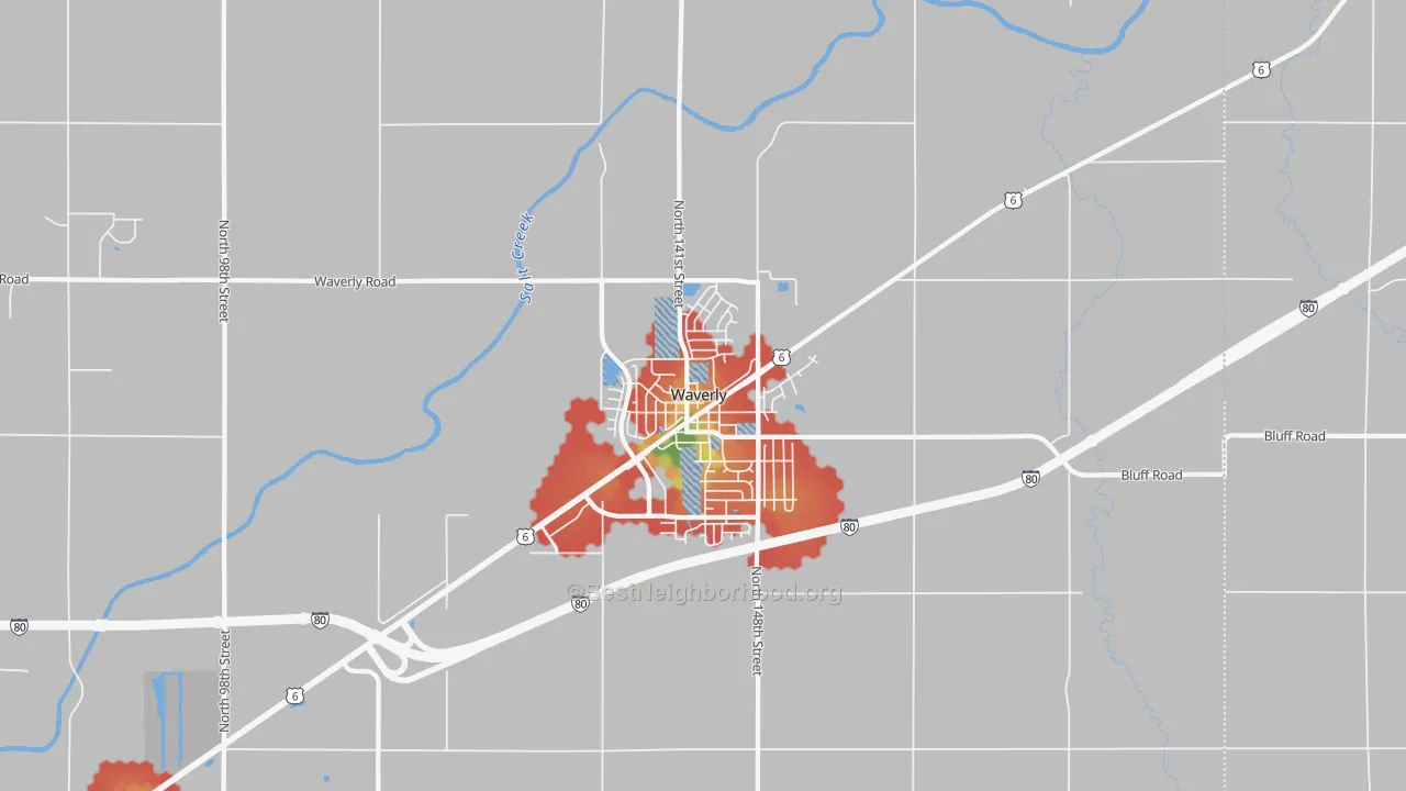 Walk Grade map of Waverly, NE, walkable areas in green and car-dependent areas in red