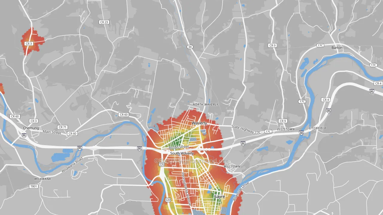Walk Grade map of Waverly, NY, walkable areas in green and car-dependent areas in red