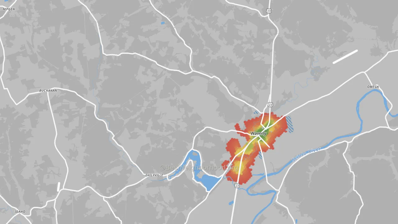 Walk Grade map of Waverly, OH, walkable areas in green and car-dependent areas in red