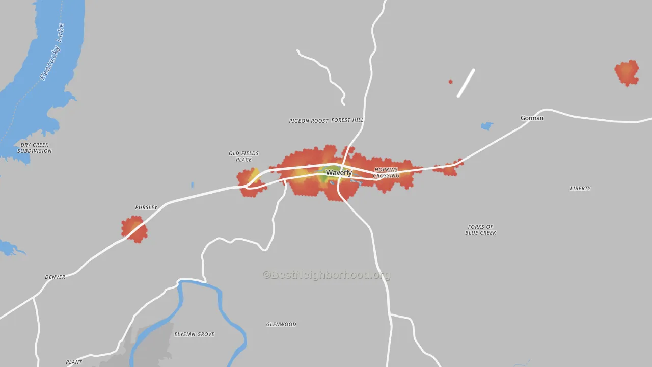Walk Grade map of Waverly, TN, walkable areas in green and car-dependent areas in red