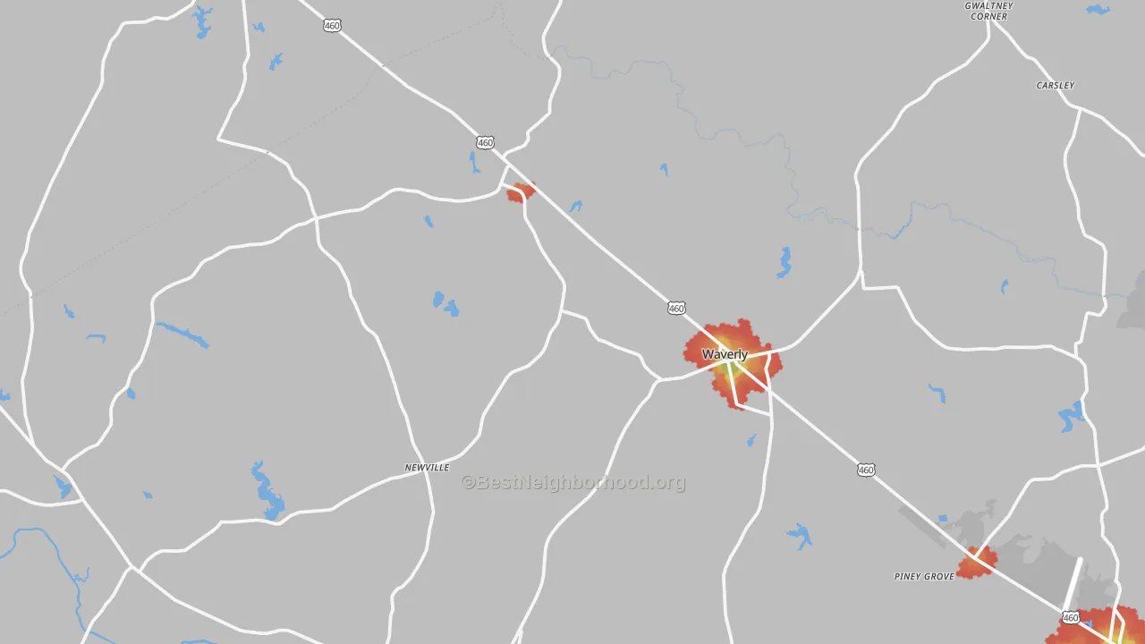Walk Grade map of Waverly, VA, walkable areas in green and car-dependent areas in red