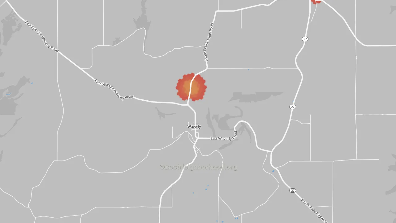 Walk Grade map of Waverly, WA, walkable areas in green and car-dependent areas in red
