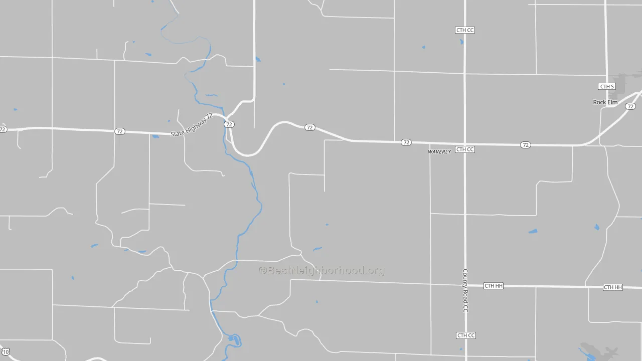 Walk Grade map of Waverly, WI, walkable areas in green and car-dependent areas in red