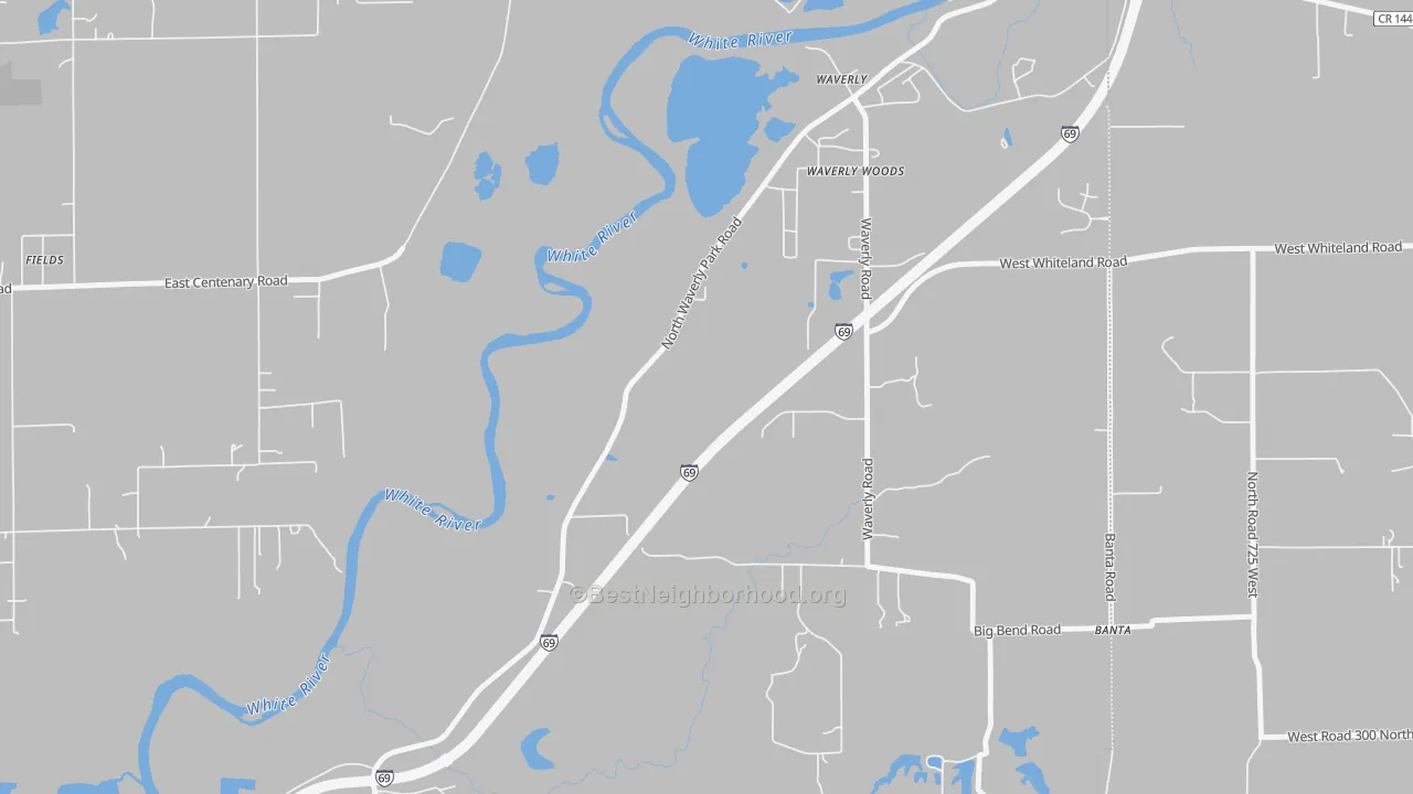 Walk Grade map of Waverly Woods, IN, walkable areas in green and car-dependent areas in red