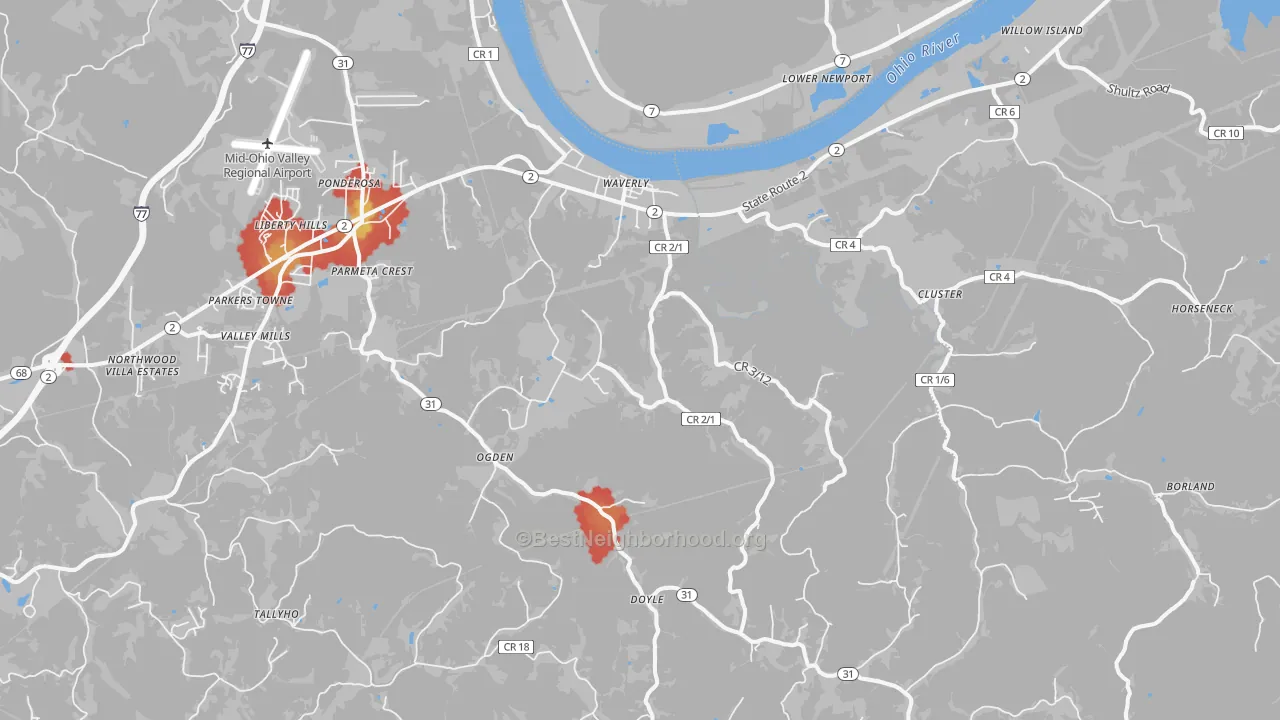 Walk Grade map of Waverly, WV, walkable areas in green and car-dependent areas in red
