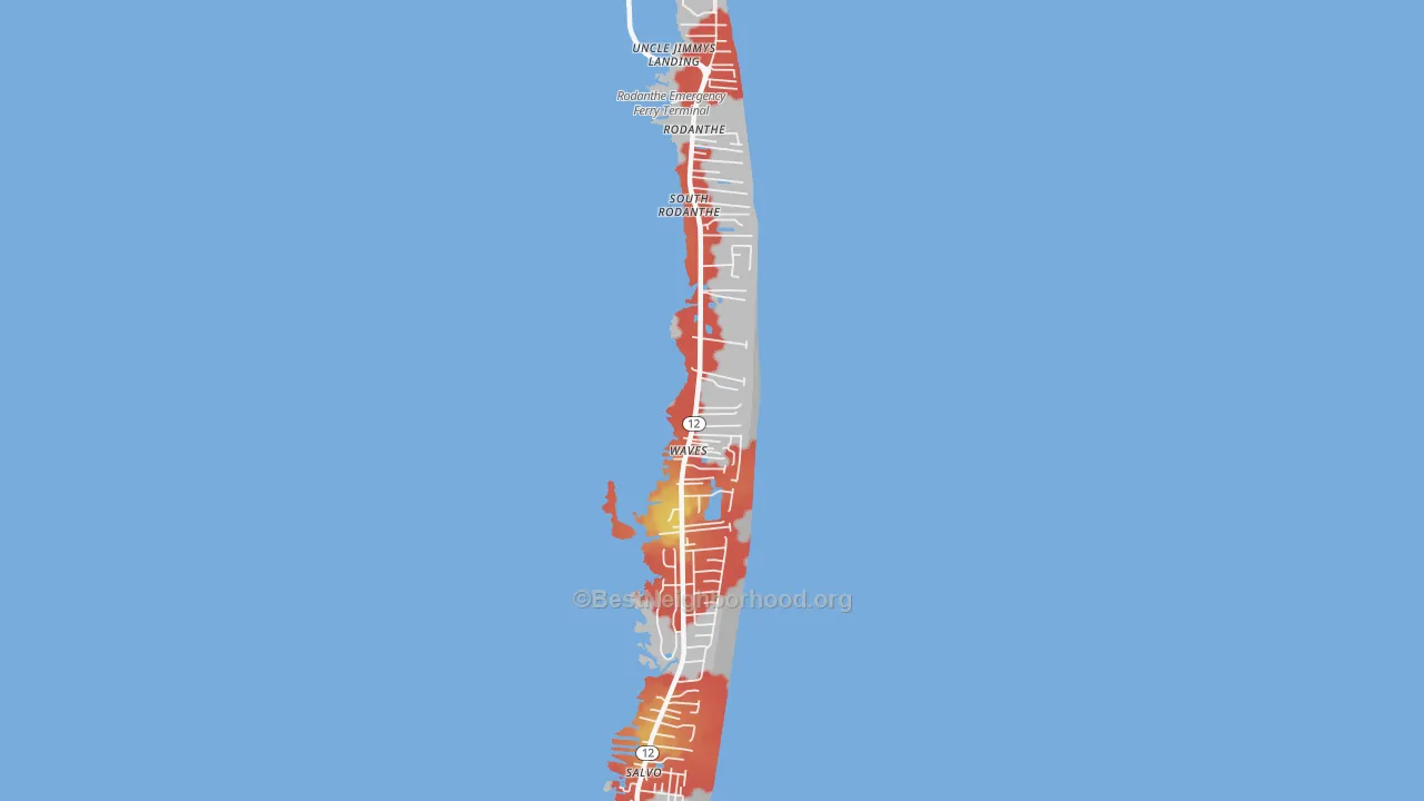 Walk Grade map of Waves, NC, walkable areas in green and car-dependent areas in red