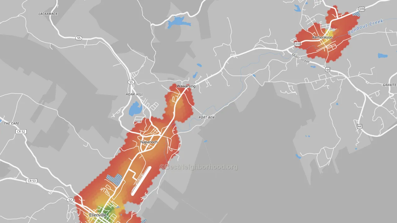 Walk Grade map of Wawarsing, NY, walkable areas in green and car-dependent areas in red