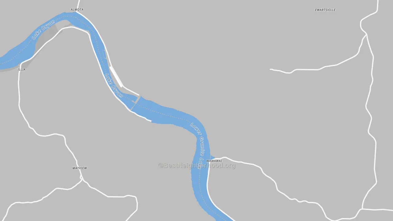 Walk Grade map of Wawawai, WA, walkable areas in green and car-dependent areas in red