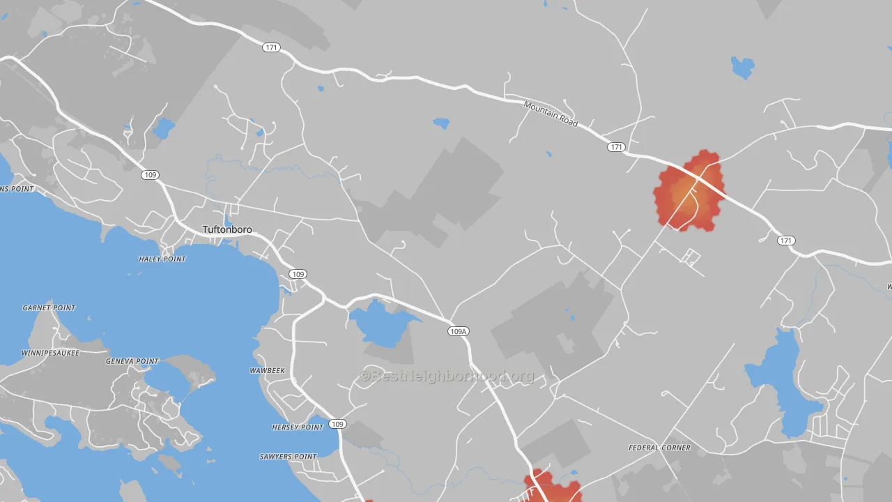 Walk Grade map of Wawbeek, NH, walkable areas in green and car-dependent areas in red