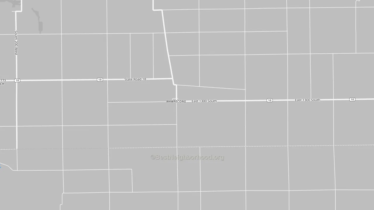 Walk Grade map of Wawpecong, IN, walkable areas in green and car-dependent areas in red