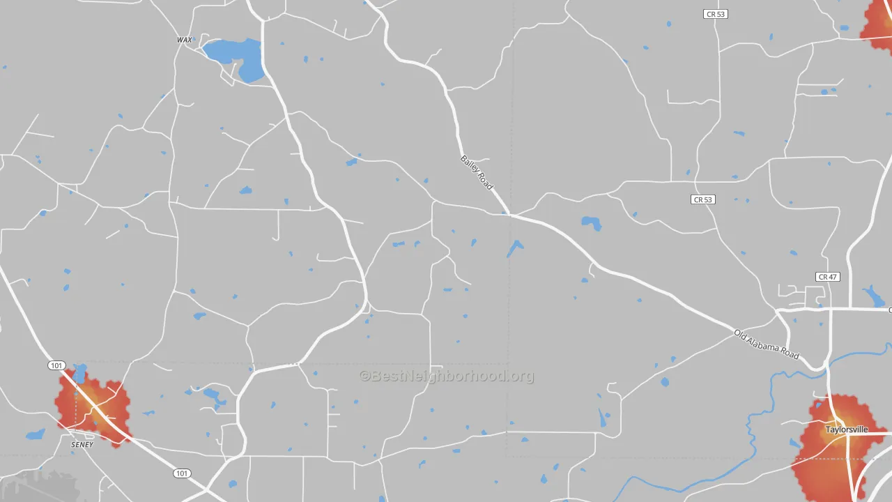 Walk Grade map of Wax, GA, walkable areas in green and car-dependent areas in red