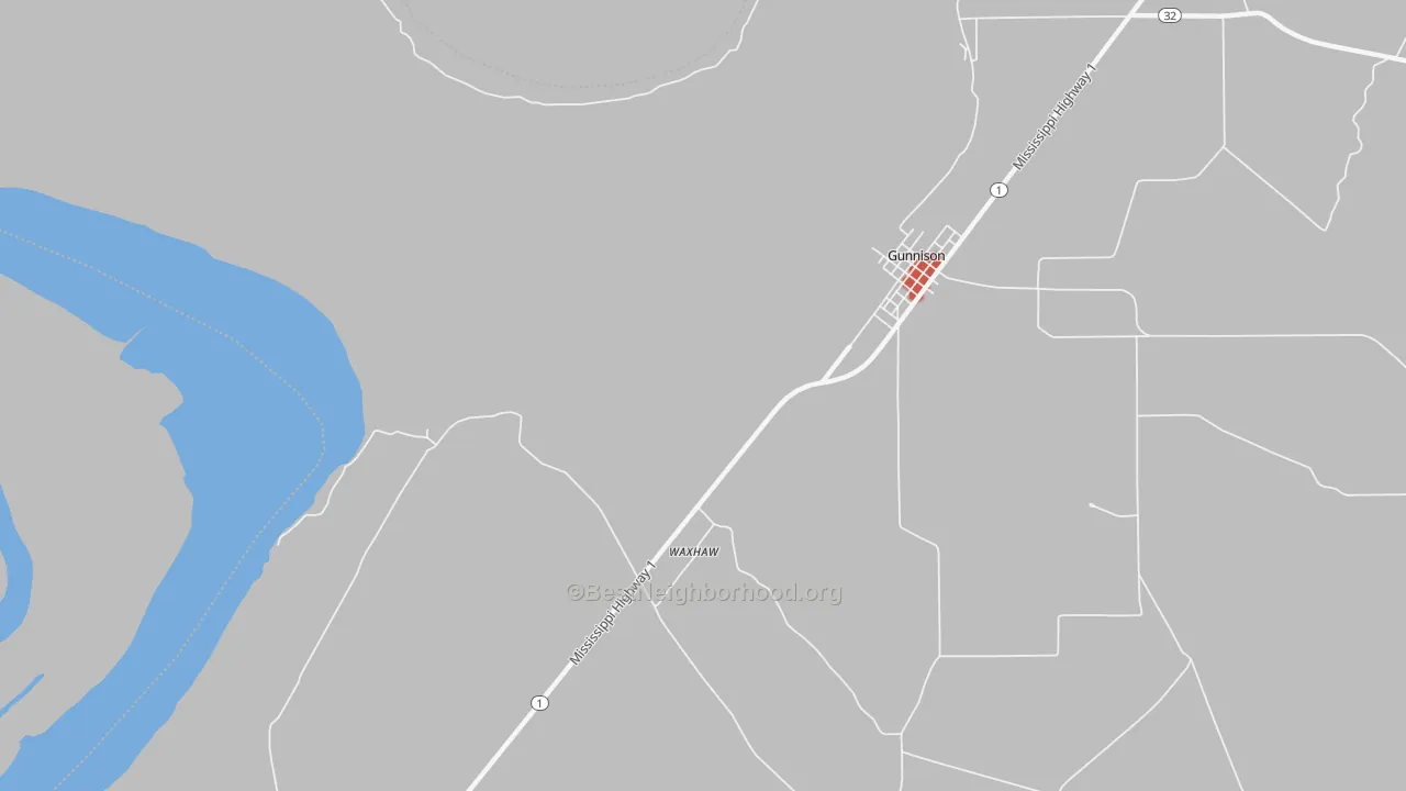 Walk Grade map of Waxhaw, MS, walkable areas in green and car-dependent areas in red