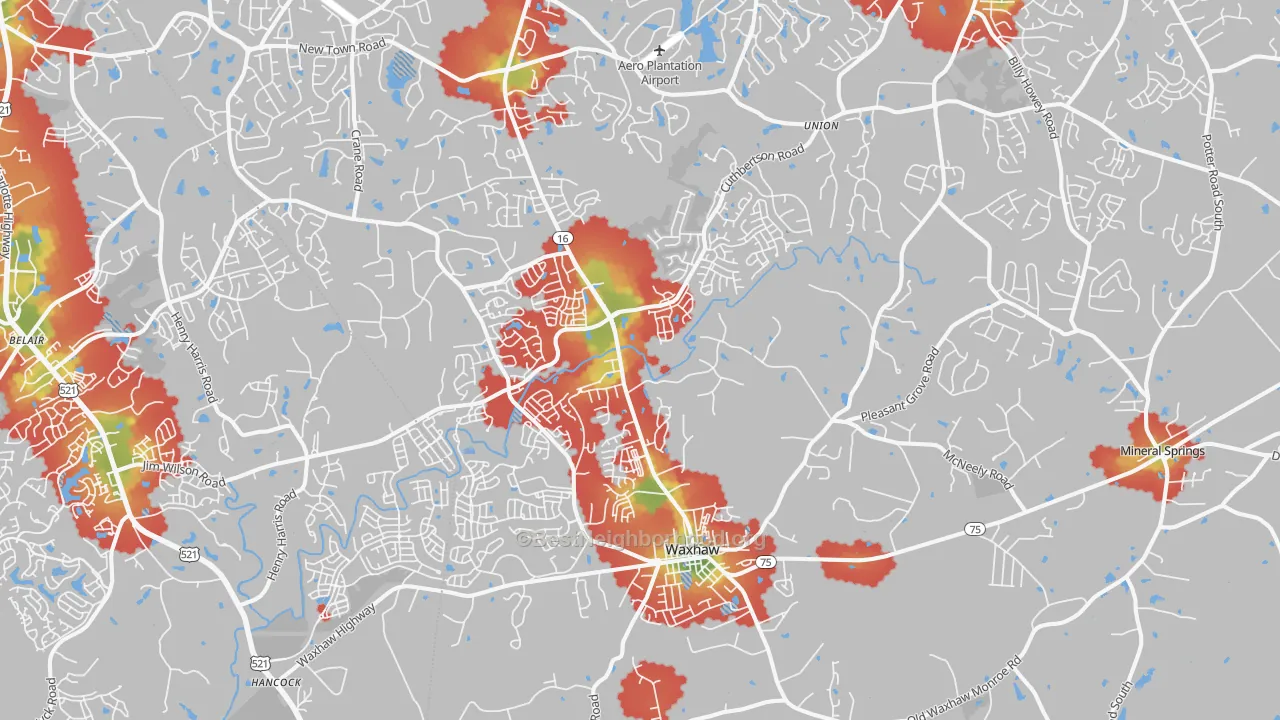 Walk Grade map of Waxhaw, NC, walkable areas in green and car-dependent areas in red