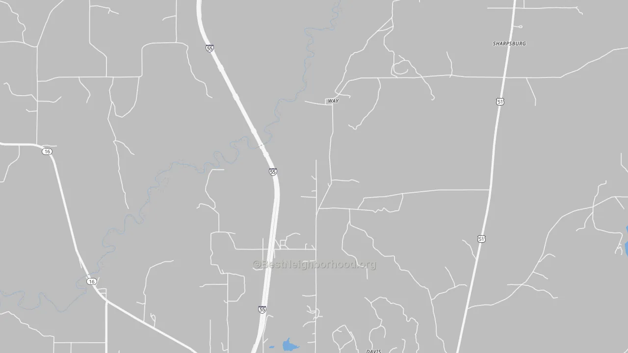 Walk Grade map of Way, MS, walkable areas in green and car-dependent areas in red