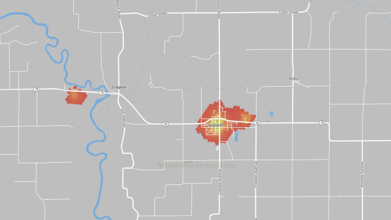 Walk Grade map of Wayland, IA, walkable areas in green and car-dependent areas in red