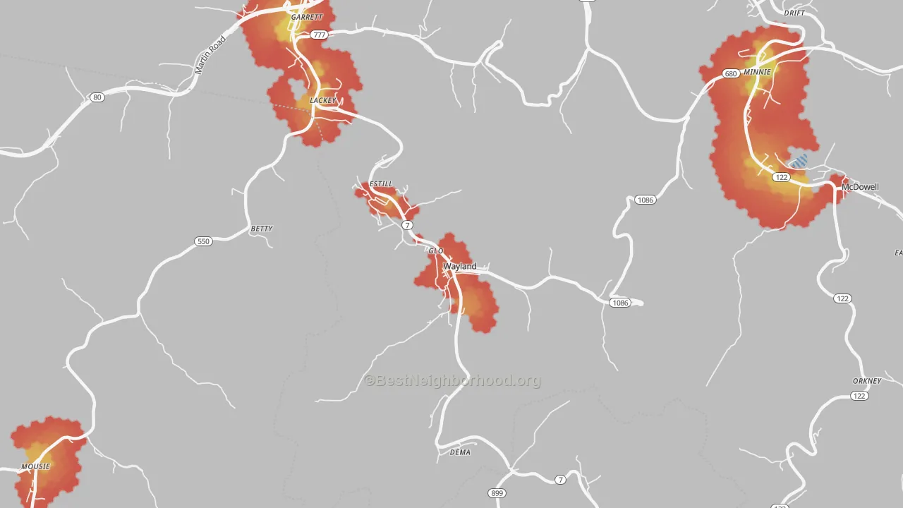 Walk Grade map of Wayland, KY, walkable areas in green and car-dependent areas in red