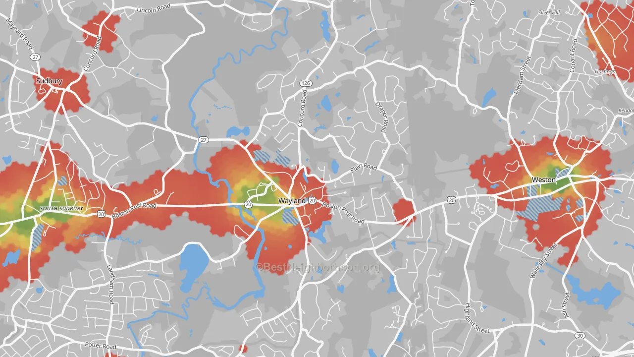 Walk Grade map of Wayland, MA, walkable areas in green and car-dependent areas in red