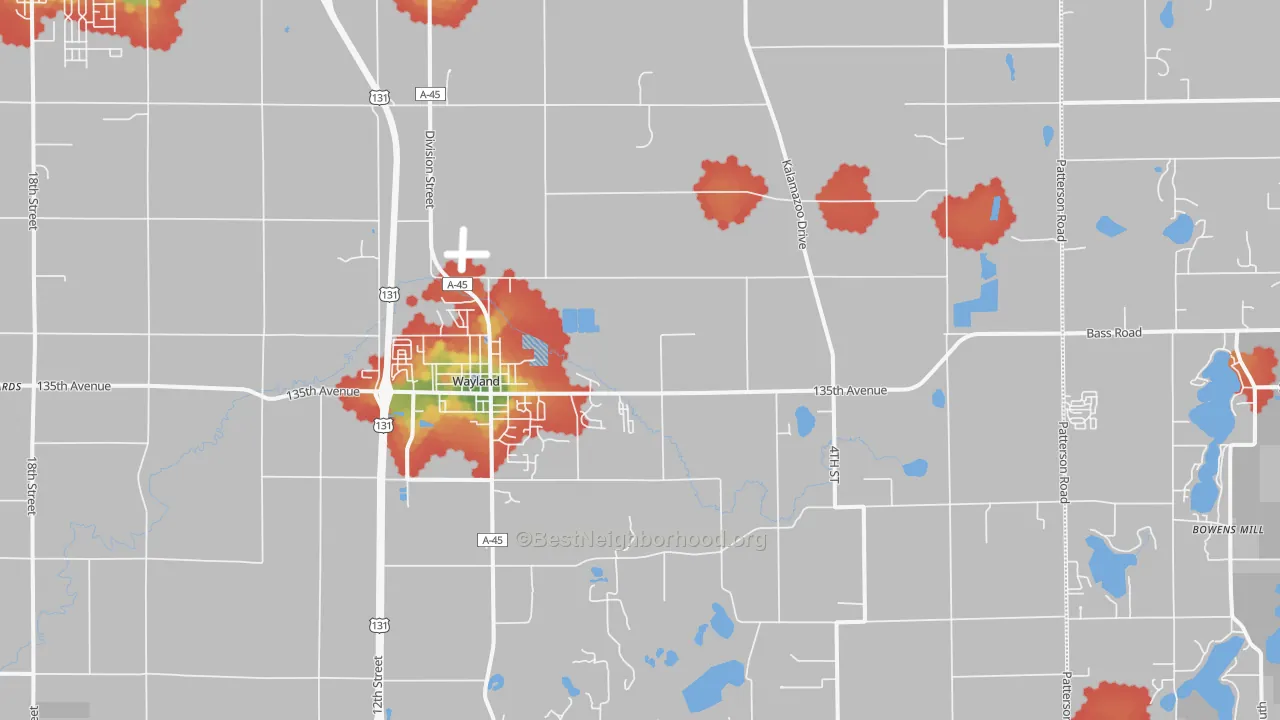 Walk Grade map of Wayland, MI, walkable areas in green and car-dependent areas in red