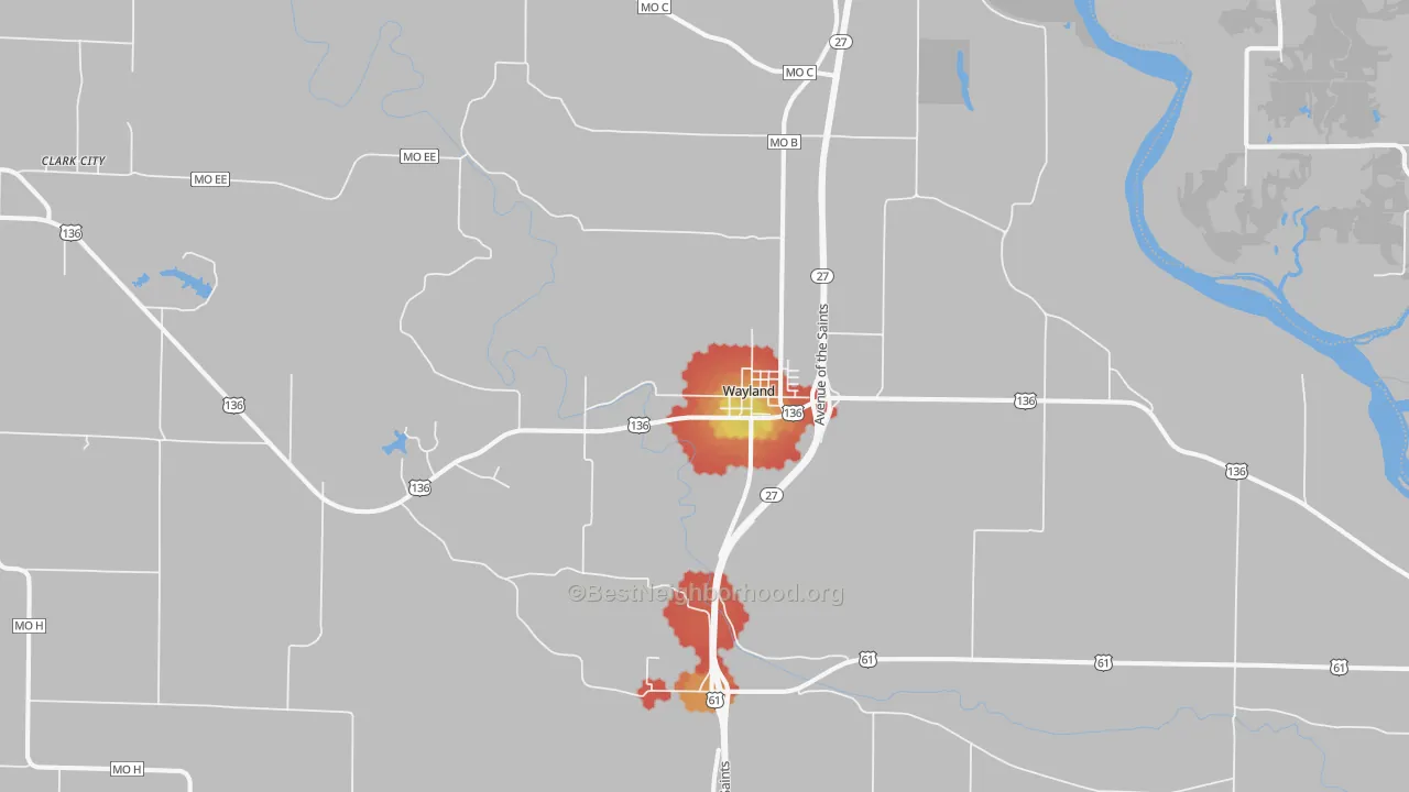 Walk Grade map of Wayland, MO, walkable areas in green and car-dependent areas in red