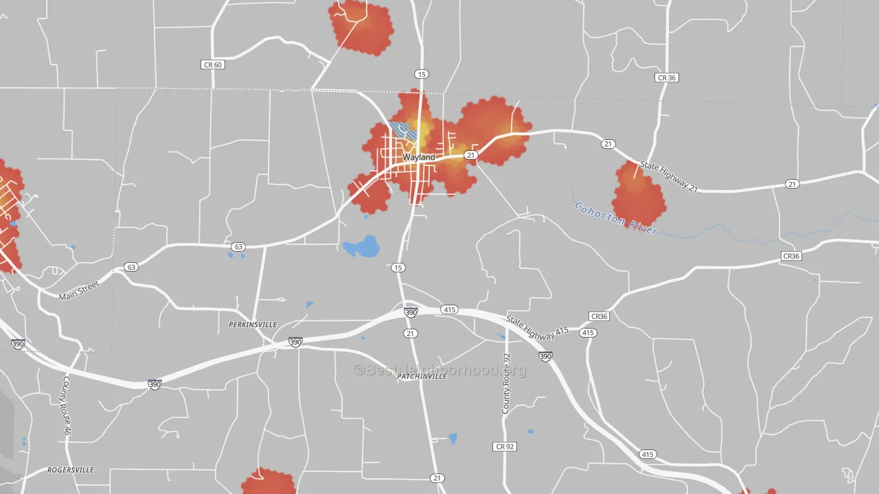 Walk Grade map of Wayland, NY, walkable areas in green and car-dependent areas in red