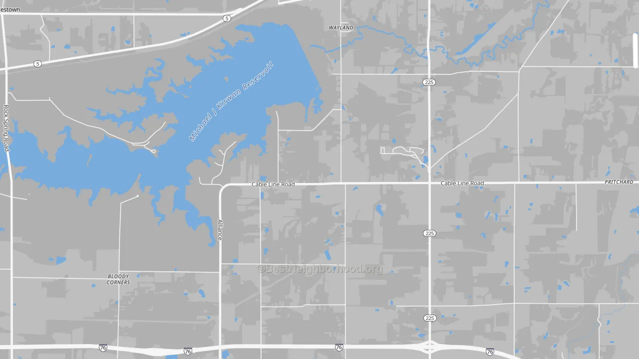 Walk Grade map of Wayland, OH, walkable areas in green and car-dependent areas in red