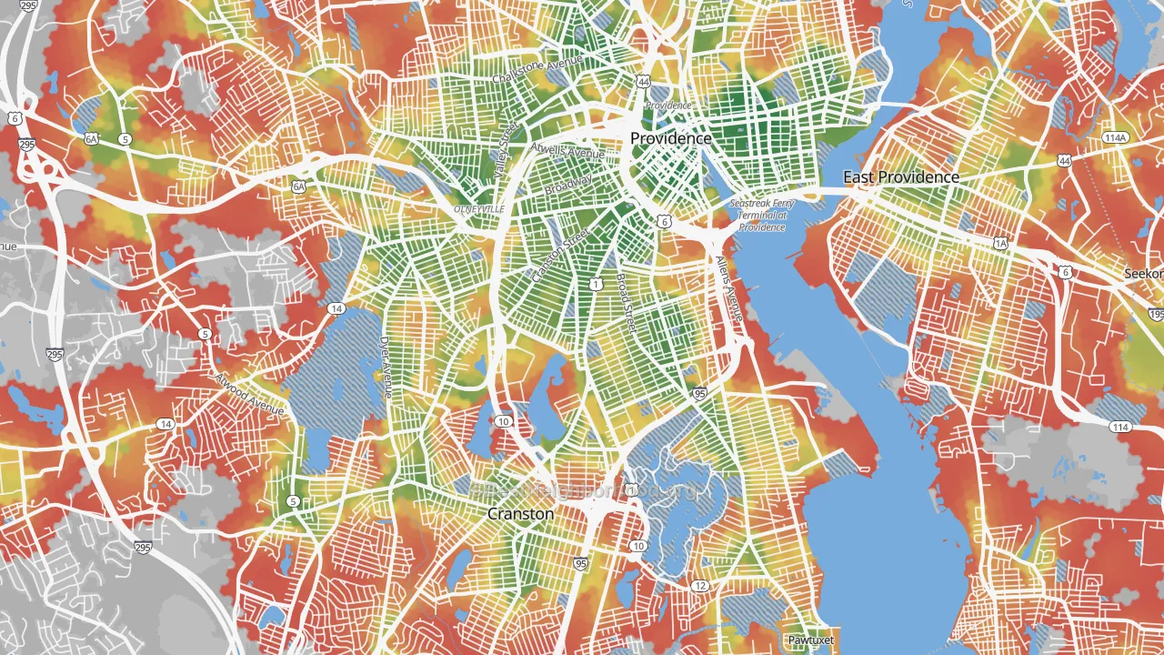 Walk Grade map of Wayland, Providence, RI, walkable areas in green and car-dependent areas in red