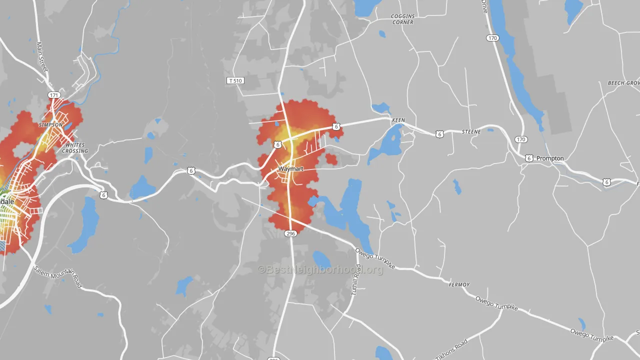 Walk Grade map of Waymart, PA, walkable areas in green and car-dependent areas in red
