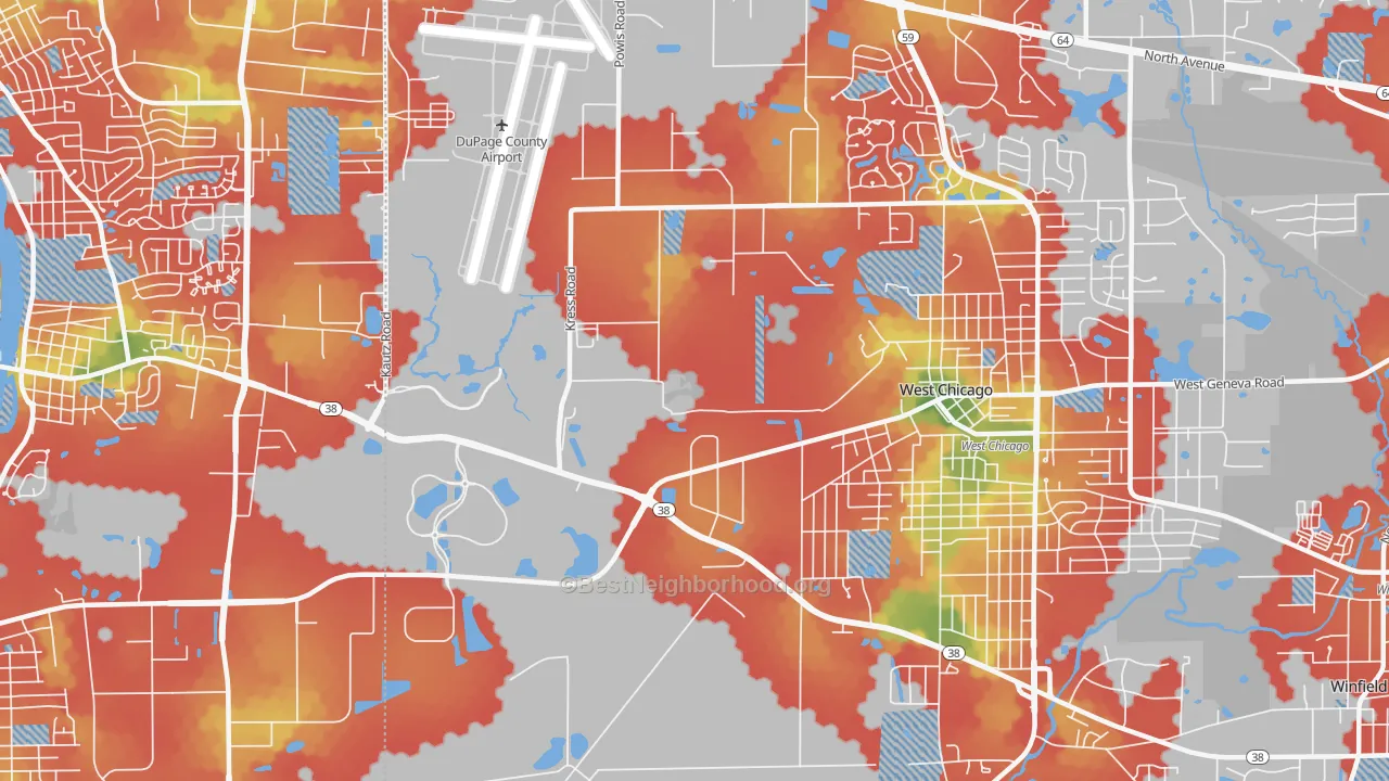 Walk Grade map of Wayne Center, IL, walkable areas in green and car-dependent areas in red