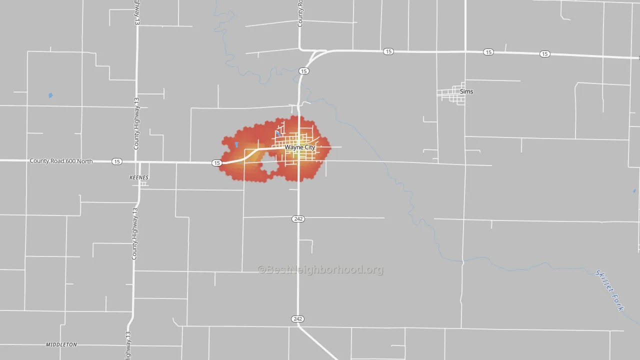 Walk Grade map of Wayne City, IL, walkable areas in green and car-dependent areas in red