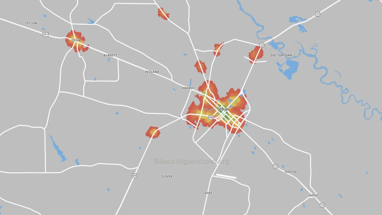 Walk Grade map of Wayne County, GA, walkable areas in green and car-dependent areas in red