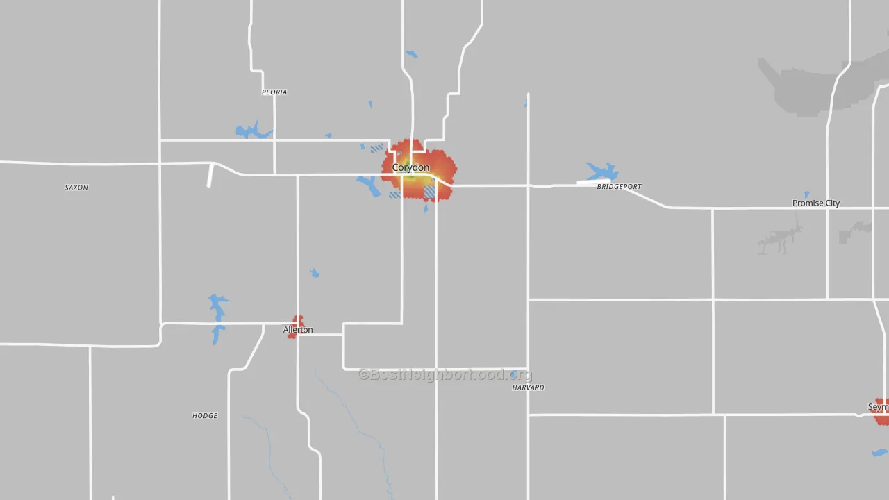Walk Grade map of Wayne County, IA, walkable areas in green and car-dependent areas in red