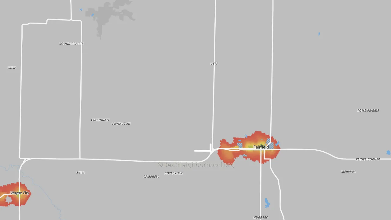 Walk Grade map of Wayne County, IL, walkable areas in green and car-dependent areas in red
